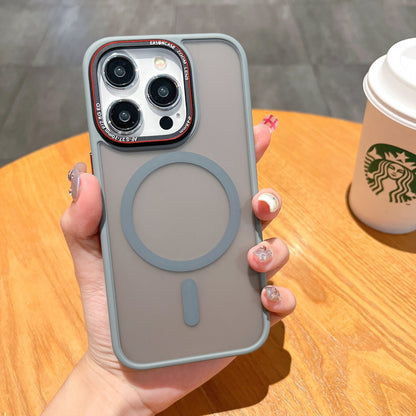 Frosted metal lens magnetic phone case for iPhone 12, 13, 14, 15 Pro Max, featuring durable metal accents and secure magnetic closure.