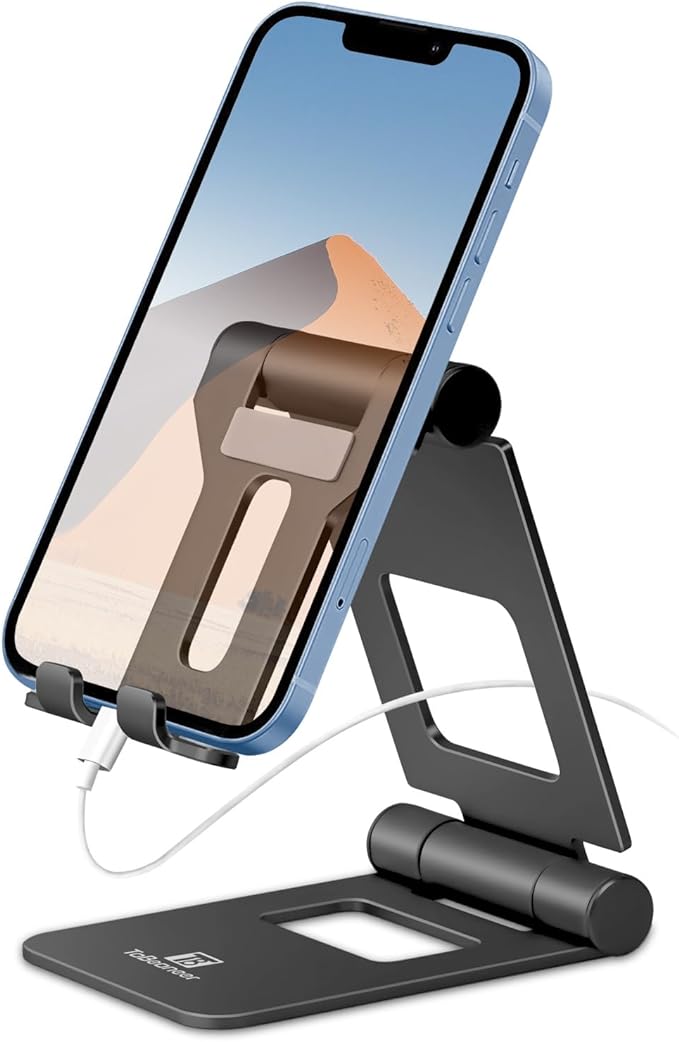 Adjustable phone stand in black with silver accents, supporting smartphones at various angles for easy viewing.