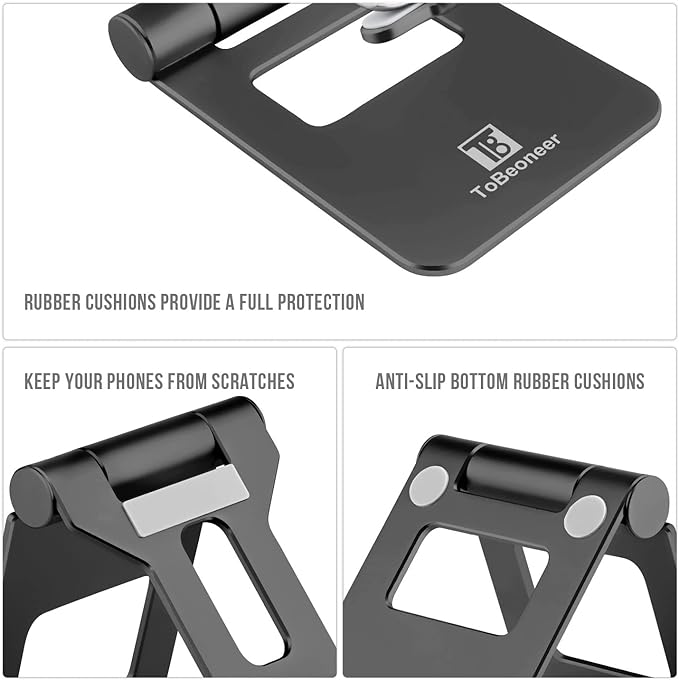 Adjustable phone stand by My Store holding a smartphone in portrait orientation on a wooden surface.