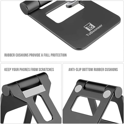 Adjustable phone stand by My Store holding a smartphone in portrait orientation on a wooden surface.