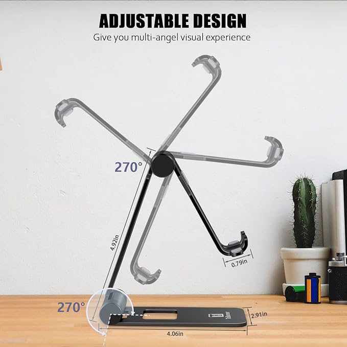 Adjustable phone stand by My Store holding a smartphone, with a sturdy base and adjustable viewing angle.