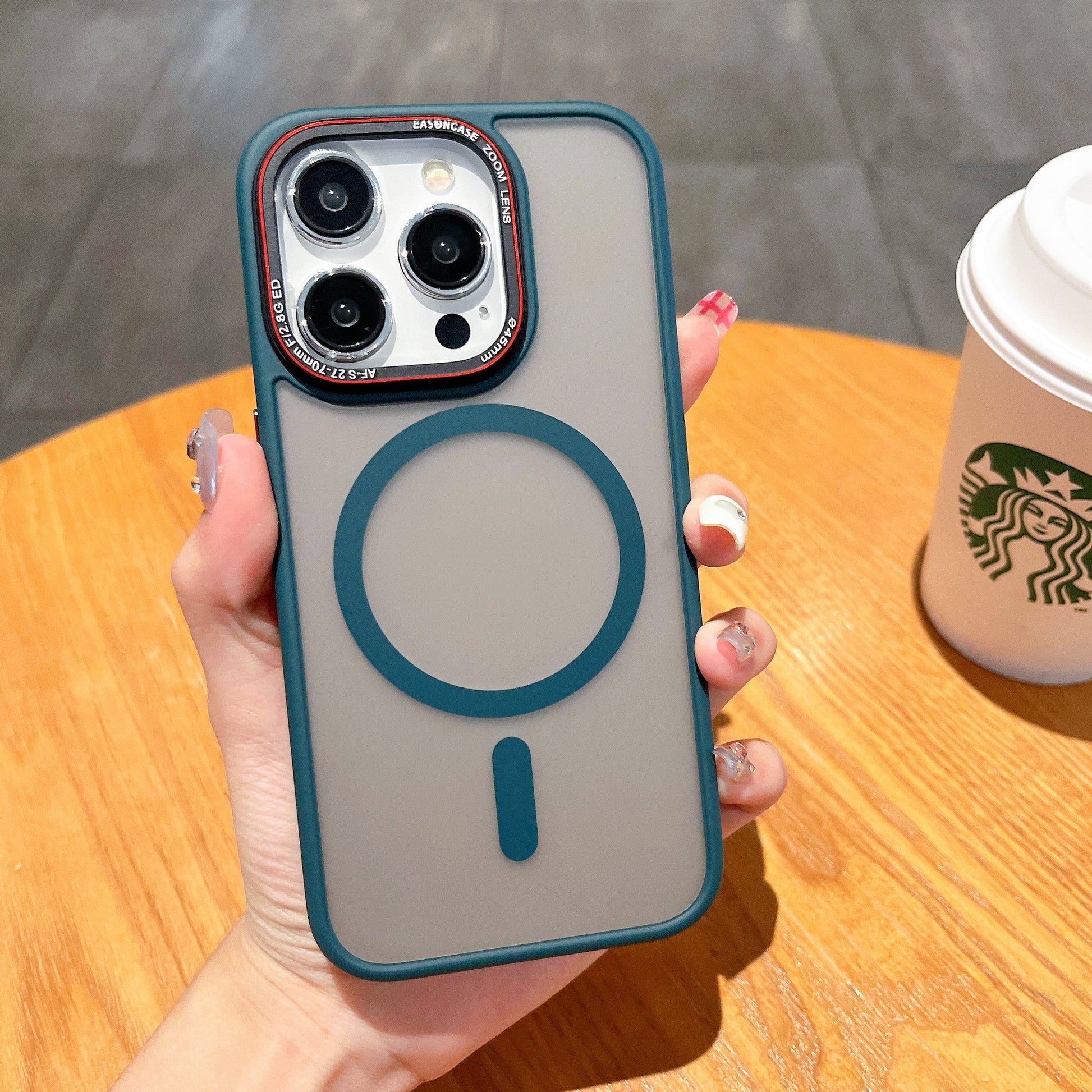 Frosted metal lens magnetic phone case for iPhone 12 to 15 Pro Max, featuring a sleek design and protective build.