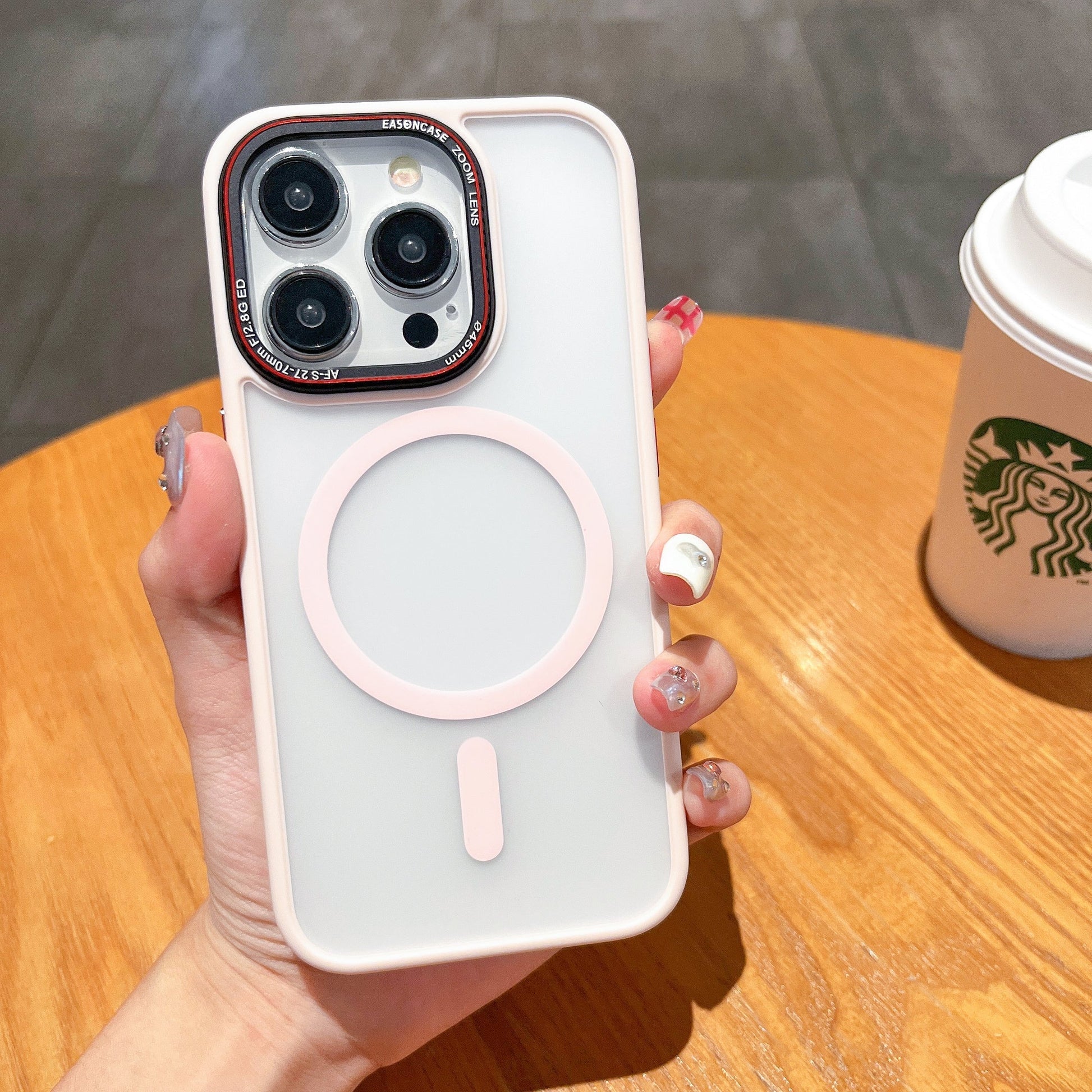 Frosted metal lens magnetic phone case for iPhone 12 to 15 Pro Max, featuring metal accents and secure magnetic closure.