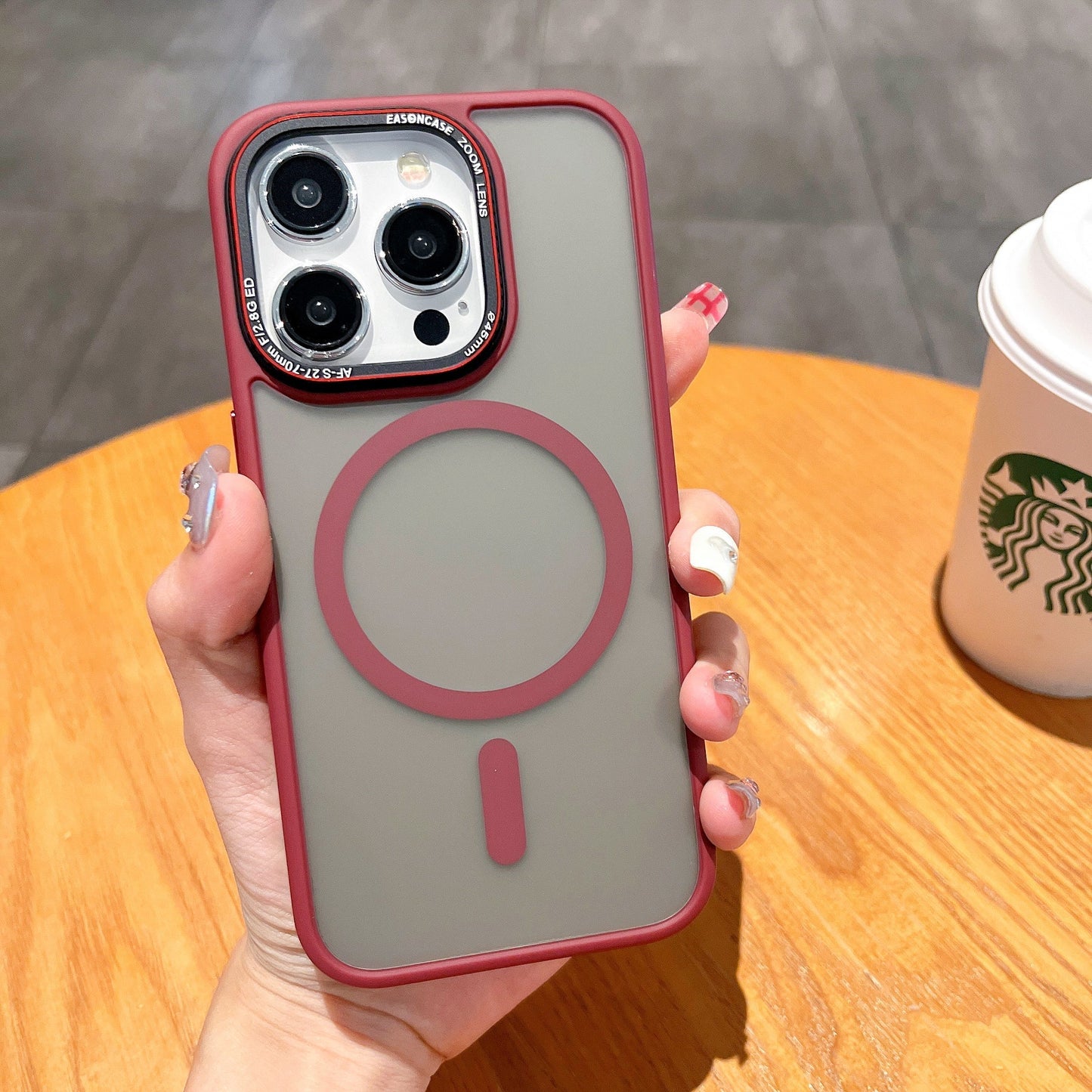 Frosted metal lens magnetic phone case for iPhone 12 to 15 Pro Max, with durable construction and sleek design.