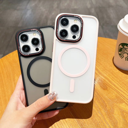 Metal lens magnetic frosted phone case from My Store with sleek frosted finish and magnetic closure for iPhone or Android devices.